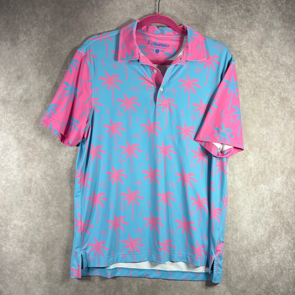 Chubbies Polo Shirt Mens Small Blue Pink Electric Slide Performance Palm Tree